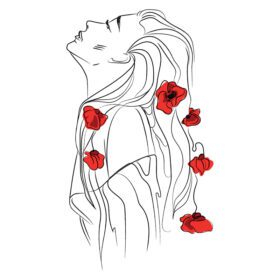 پوستر خط هنر دختر زیبا با موهای بلند و گل خشخاش
