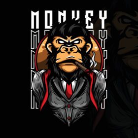 وکتور شخصیت لوگوی تصویر میمون با کت و شلوار و سیگار