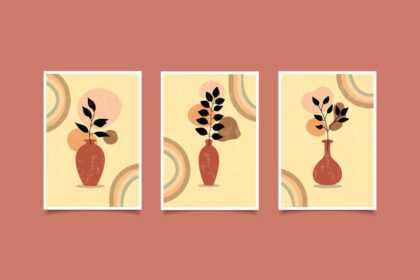 پوستر هنر دیواری مینیمالیستی گیاه شناسی مدرن بوهو با گلدان و