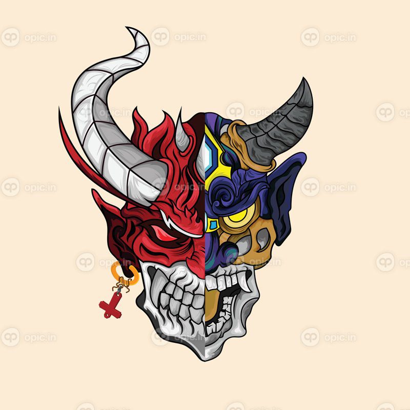 وکتور oni mask شیطان برای خالکوبی سیاه و سفید ترسناک ژاپنی