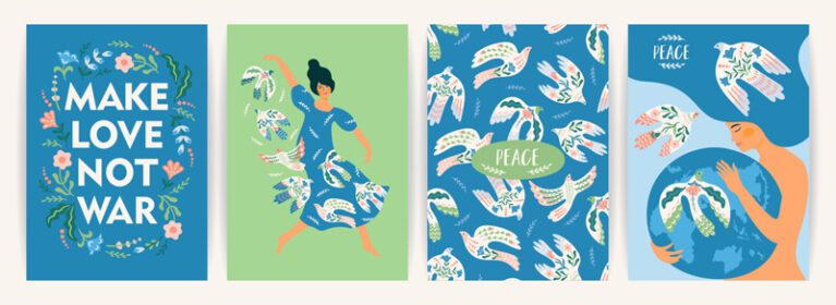 مجموعه وکتور پوستر صلح بر روی زمین زن و کبوتر صلح