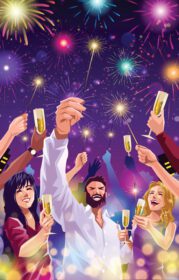 پوستر جشن مردم جشن سال نو با شامپاین و آتش بازی
