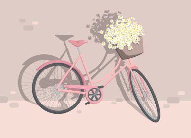 پوستر صورتی دوچرخه شهری با گل های بابونه در پس زمینه بژ