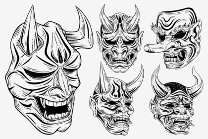 مجموعه وکتور بسته نرم افزاری هنر تاریک ژاپنی شیطان اونی ماسک دست خالکوبی