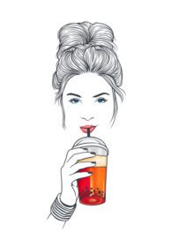 پوستر زن زیبا با مدل موی مستی در حال نوشیدن بوبا