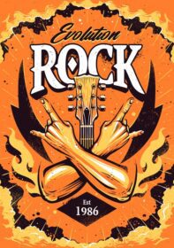 الگوی طراحی پوستر راک پوستر با علامت دست های ضربدری گردن گیتار با ژست راک اند رول و شعله های آتش در پس زمینه دراماتیک آسمان