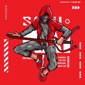 پوستر قهرمان سامورایی سایبرپانک تخیلی وکتور شخصیت رنگارنگ