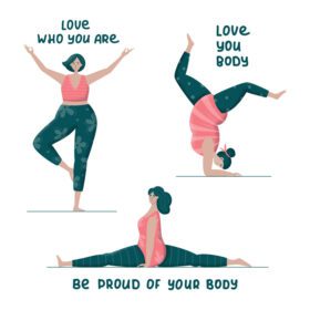 مجموعه پوستر زنان با سایز مثبت بدن در حال انجام یوگا به صورت تخت