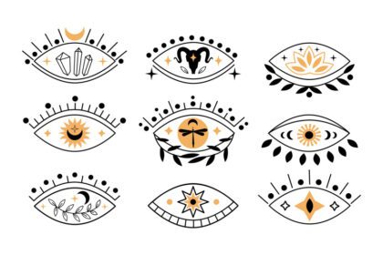 مجموعه وکتور آیکون های چشم های عرفانی بوهو با کریستال نیلوفر آبی بز هلال خورشید در مجموعه سبک خطی مینیمال ترند وکتور طرح تصویر ایزوتریک برای چاپ تی شرت پوستر خالکوبی