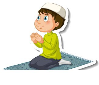 قالب استیکر پوستر با پسر مسلمان در حالت نماز جدا شده