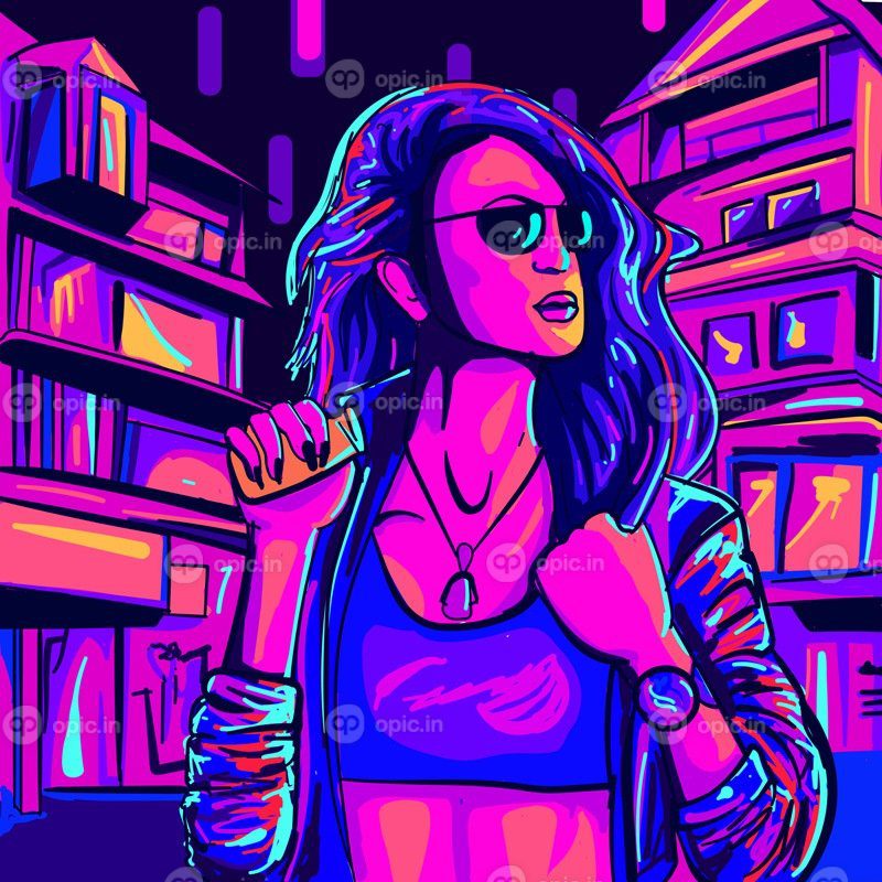 پوستر synthwave هنر دیجیتال یک زن جوان در شهری زیر نئون
