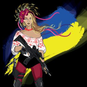 پوستر زن جنگجوی اوکراینی با سلاح در دست بر روی