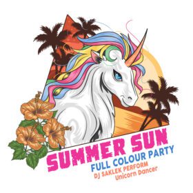 پوستر تکشاخ پوستر جشن تابستانی تمام رنگی در پس زمینه سفید با غروب آفتاب و درختان نارگیل