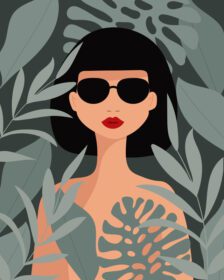 پوستر زن جوان با عینک آفتابی و برگ های استوایی روی تاریکی