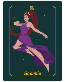 پوستر علامت زودیاک عقرب یک زن جادویی زیبا در رنگ بنفش
