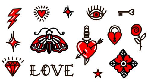 وکتور نمادهای عشق روز ولنتاین در تصویر برداری سبک مدرسه قدیمی برای خالکوبی برچسب های طراحی روز ولنتاین