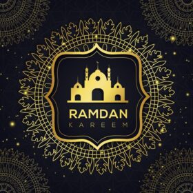 دانلود انتزاعی طرح اسلامی رمضان با ماندالای طلایی و مسجد در زمینه تیره
