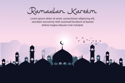 دانلود طرح پس زمینه تبریک ماه مبارک رمضان کریم با وکتور مسجد سیلوئت و خوشنویسی عربی